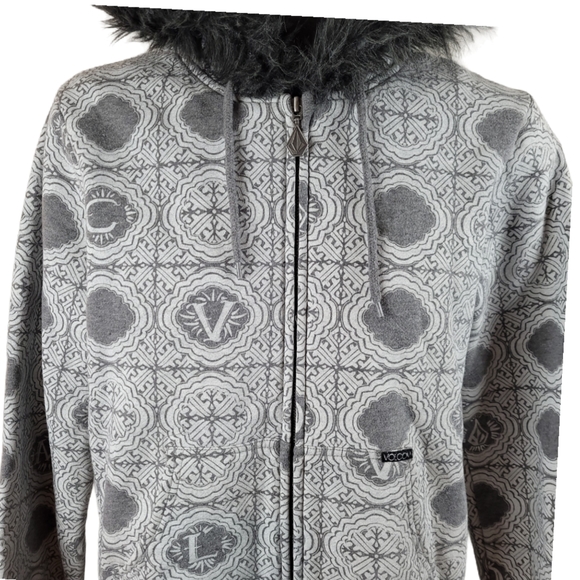 VOLCOM Hoodie Grey Zip Up Faux Fur Size Large - Picture 5 of 10